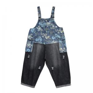 Blue Printing Contrast Dungaree Overalls Denim Ripped Bib Overalls