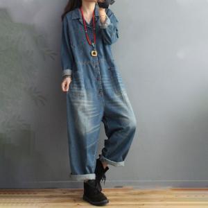 Button Down Long Sleeve Coveralls Stonewash Large Jean Jumpsuits