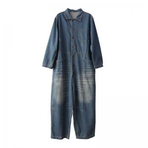 Button Down Long Sleeve Coveralls Stonewash Large Jean Jumpsuits