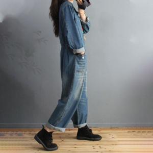 Button Down Long Sleeve Coveralls Stonewash Large Jean Jumpsuits