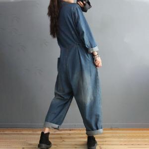 Button Down Long Sleeve Coveralls Stonewash Large Jean Jumpsuits