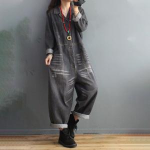 Button Down Long Sleeve Coveralls Stonewash Large Jean Jumpsuits