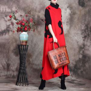 Bright Colored High Neck Jumper Dress Loose Winter Elegant Dress