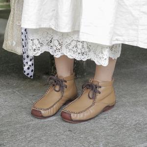 Low Heel Lace Up Short Boots Casual Sheepskin Leather Handmade Shoes