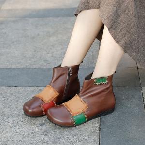 Colorful Patchwork Leather Folk Boots Side Zip Womens Ankle Boots