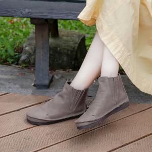 Round Toe Womens Desert Boots Flat Cowhide Leather Bootie