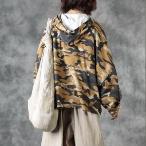 Casual Style Mustard Camo Hoodie Cotton Oversized Hooded T Shirt