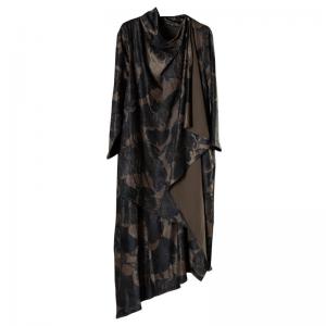 Asymmetrical Black Printed Waterfall Dress Cozy Suede Designer Dress