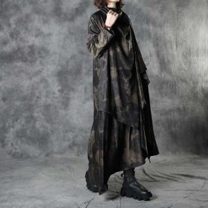 Asymmetrical Black Printed Waterfall Dress Cozy Suede Designer Dress