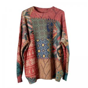 Folk Printed Long Sleeve Red Sweater Cotton Blend Pullover Sweater