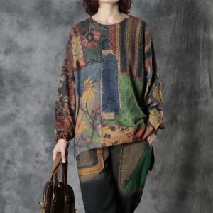 Multi-Colors Printed Vintage Sweater Long Sleeve Tunic Sweater