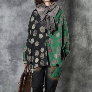 Green Contrast Polka Dot Quilted Coat Plus Size Flax Clothing