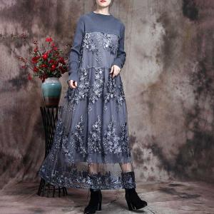 Long Sleeve Flowers Applique Dress Elegant Lace Dress