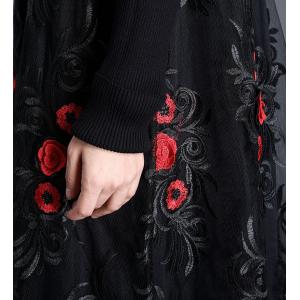Church Fashion Black Embroidered Dress Long Sleeve Gauze Dress