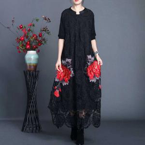 Red Flowers Embroidered Maxi Dress Asymmetrical Lace Dress