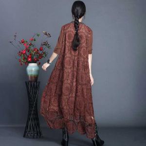 Red Flowers Embroidered Maxi Dress Asymmetrical Lace Dress