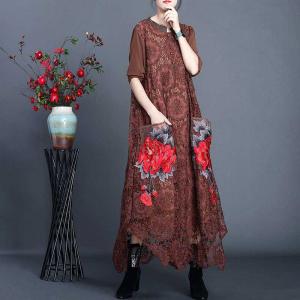 Red Flowers Embroidered Maxi Dress Asymmetrical Lace Dress