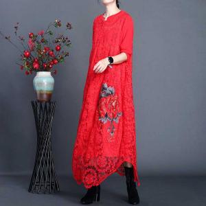 Red Flowers Embroidered Maxi Dress Asymmetrical Lace Dress