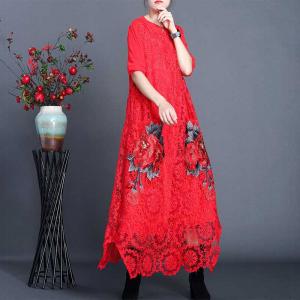 Red Flowers Embroidered Maxi Dress Asymmetrical Lace Dress