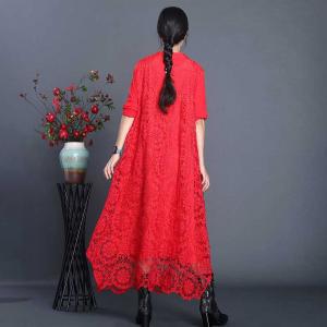 Red Flowers Embroidered Maxi Dress Asymmetrical Lace Dress