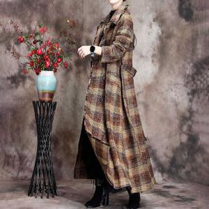 French Style Long Checkered Coat Turn-Down Collar Tied Wool Coat