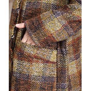 French Style Long Checkered Coat Turn-Down Collar Tied Wool Coat