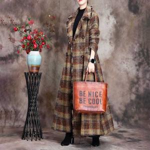 French Style Long Checkered Coat Turn-Down Collar Tied Wool Coat