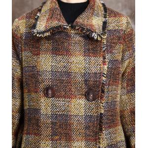 French Style Long Checkered Coat Turn-Down Collar Tied Wool Coat