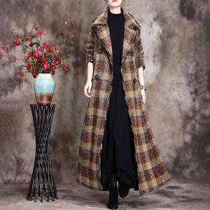 French Style Long Checkered Coat Turn-Down Collar Tied Wool Coat