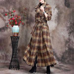 French Style Long Checkered Coat Turn-Down Collar Tied Wool Coat