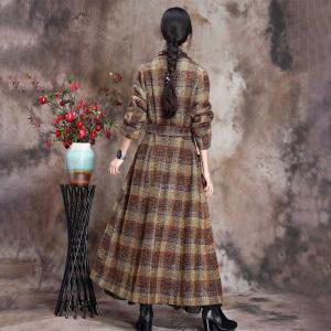 French Style Long Checkered Coat Turn-Down Collar Tied Wool Coat