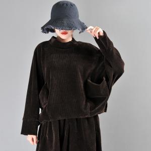 Dark Coffee Corduroy T-shirt High-Neck Oversized Tshirt for Women