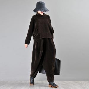 Dark Coffee Corduroy T-shirt High-Neck Oversized Tshirt for Women