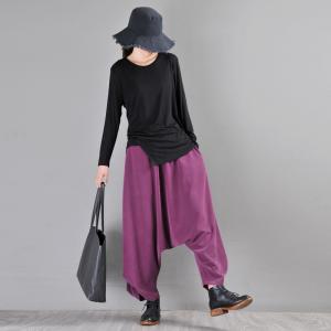 Casual Style Cotton T-shirt Asymmetric Long Sleeve Black Tee