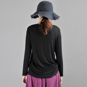 Casual Style Cotton T-shirt Asymmetric Long Sleeve Black Tee