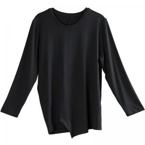 Casual Style Cotton T-shirt Asymmetric Long Sleeve Black Tee