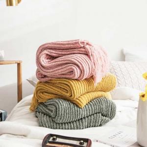 Long Tassel Decor Knitting Blanket Solid Color Sofa Throws