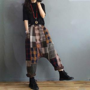 Winter  Quilted Hammer Pants Cotton Linen Checkered Harem Pants