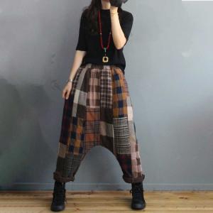 Winter  Quilted Hammer Pants Cotton Linen Checkered Harem Pants