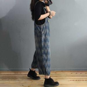 Blue Printed Light Wash Jean Overalls Baggy Backless Vintage Dungarees