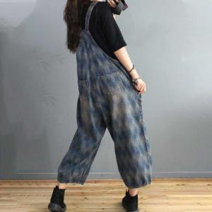 Blue Printed Light Wash Jean Overalls Baggy Backless Vintage Dungarees