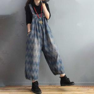 Blue Printed Light Wash Jean Overalls Baggy Backless Vintage Dungarees