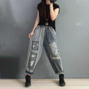 Boyfriend Style Womens Ripped Jeans Patchwork Dad Jeans