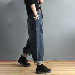 Checkered Patchwork Dad Jeans Plus Size Denim Pants for Women