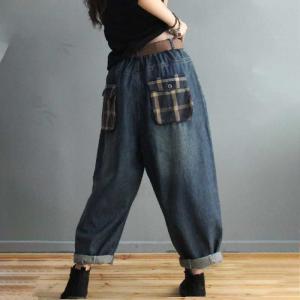 Checkered Patchwork Dad Jeans Plus Size Denim Pants for Women