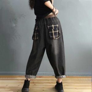 Checkered Patchwork Dad Jeans Plus Size Denim Pants for Women