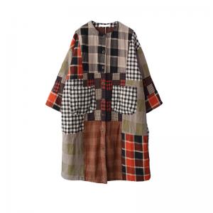 Scotland Style Long Quilted Coat Cotton Linen Tartan Overcoat