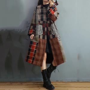 Scotland Style Long Quilted Coat Cotton Linen Tartan Overcoat