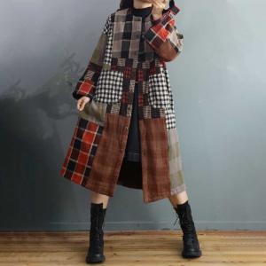 Scotland Style Long Quilted Coat Cotton Linen Tartan Overcoat