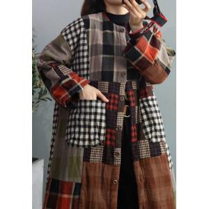 Scotland Style Long Quilted Coat Cotton Linen Tartan Overcoat